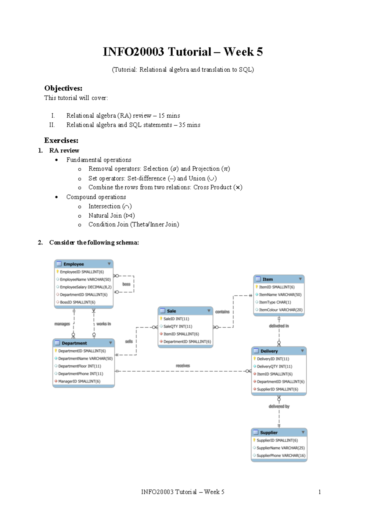 INFO20003 Week 5 Tutorial: Relational Algebra & SQL Exercises - Studocu