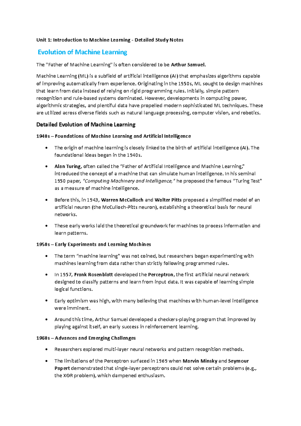 Unit 1: Intro to Machine Learning - Detailed Study Notes - Studocu