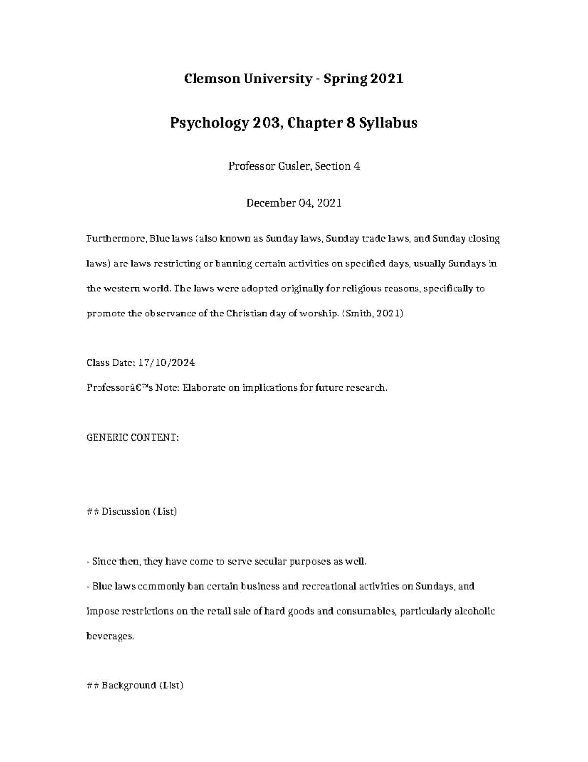 Psychology 203 Chapter 8 Syllabus - Clemson University - Spring 2021 ...