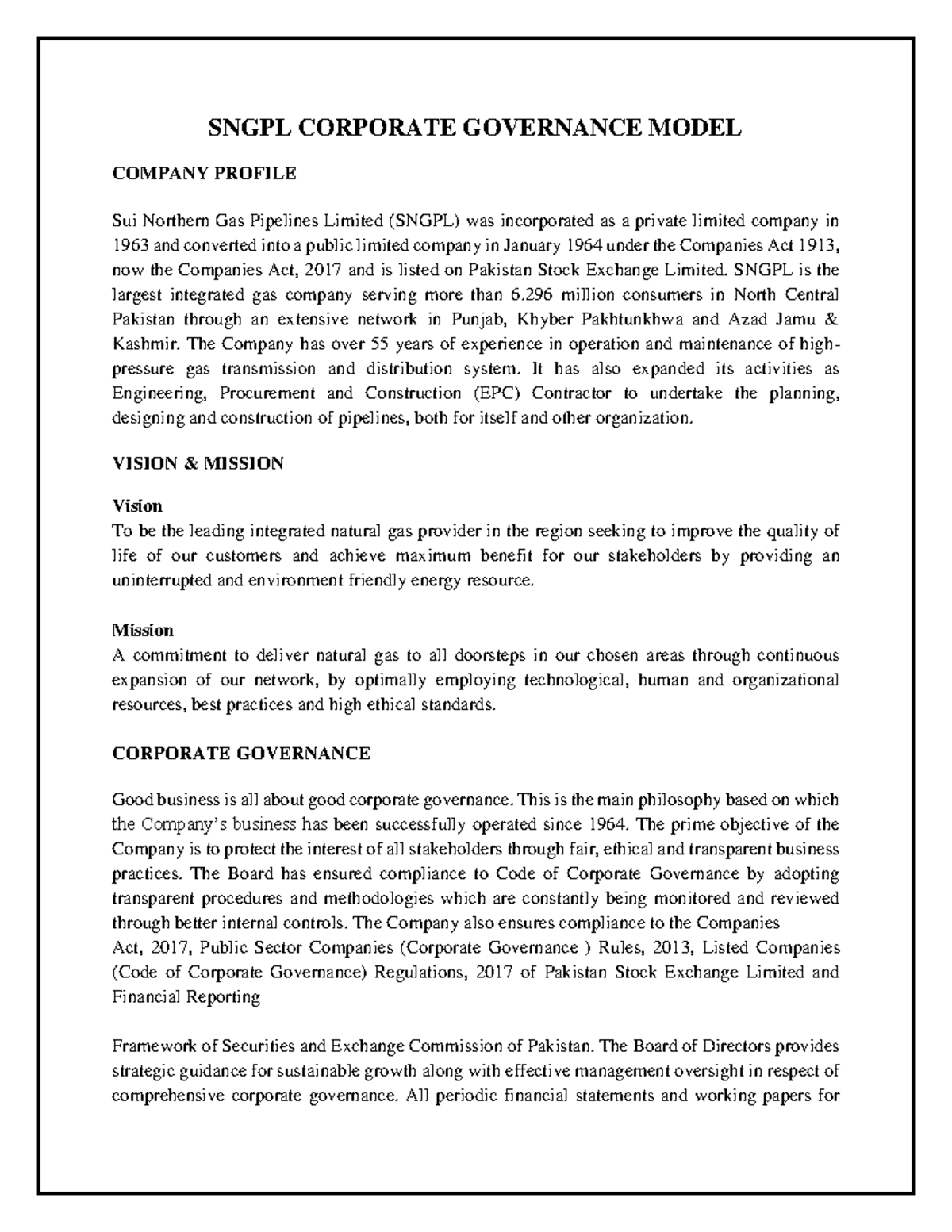 SNGPL Corporate Governance Model Overview and Structure - Studocu
