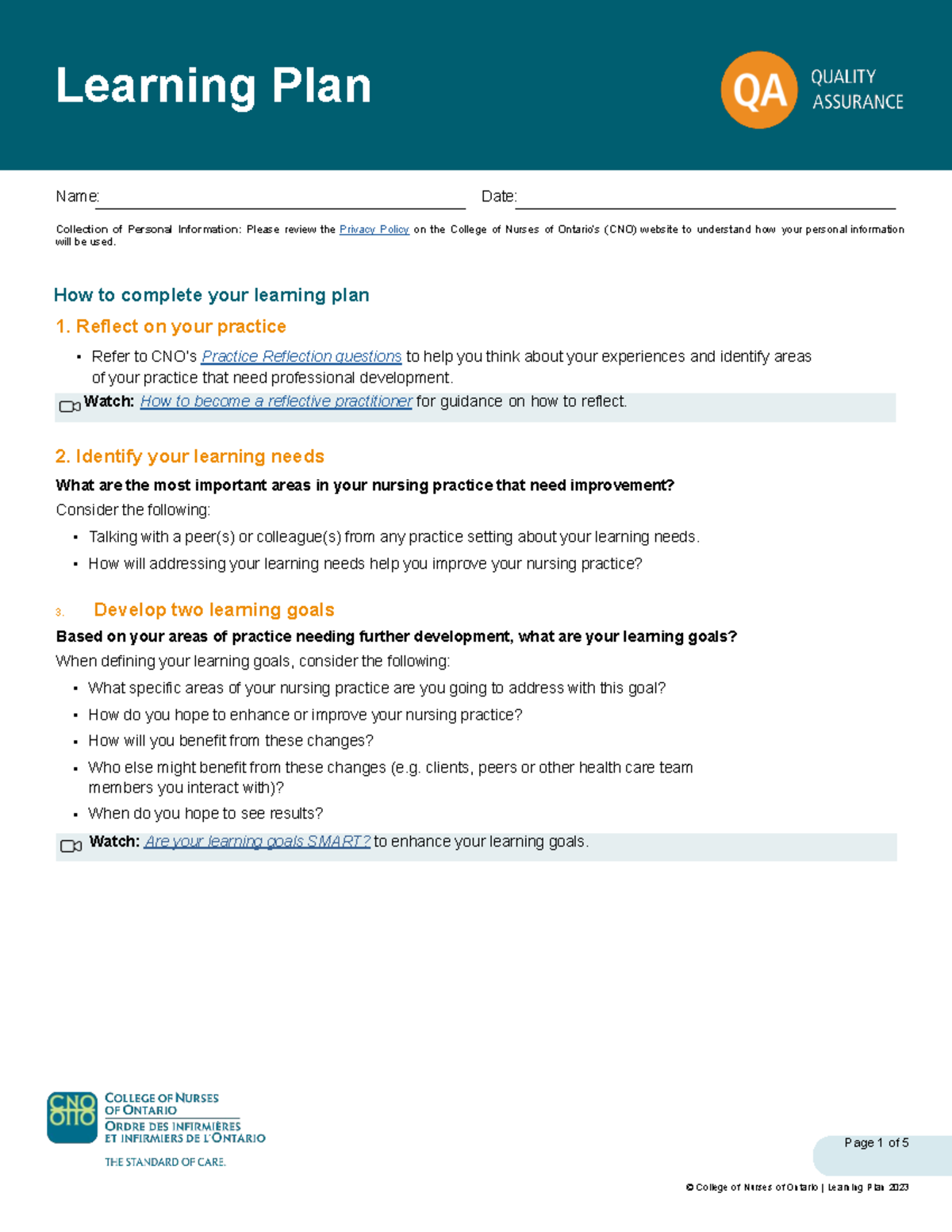 CNO Learning Plan: Reflecting on Nursing Practice & Goals - Studocu