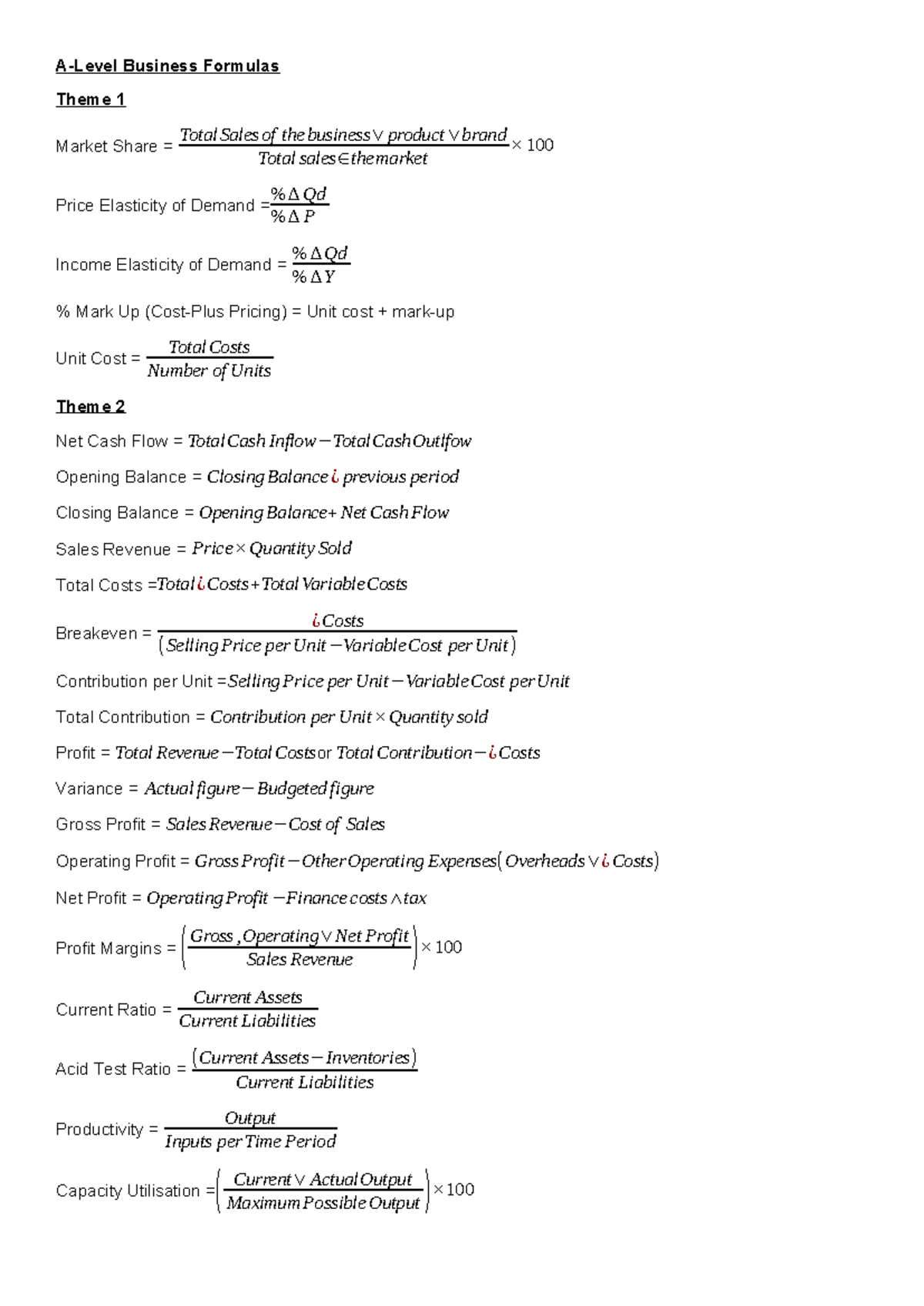 A-Level Business Formulas - Key Formulas for Theme 1 & 2 - Studocu