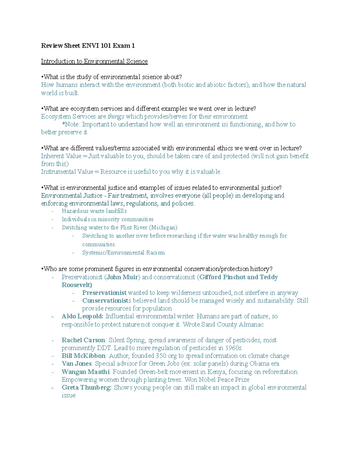 Review Sheet for ENVI 101: Exam 1 on Environmental Science Concepts ...