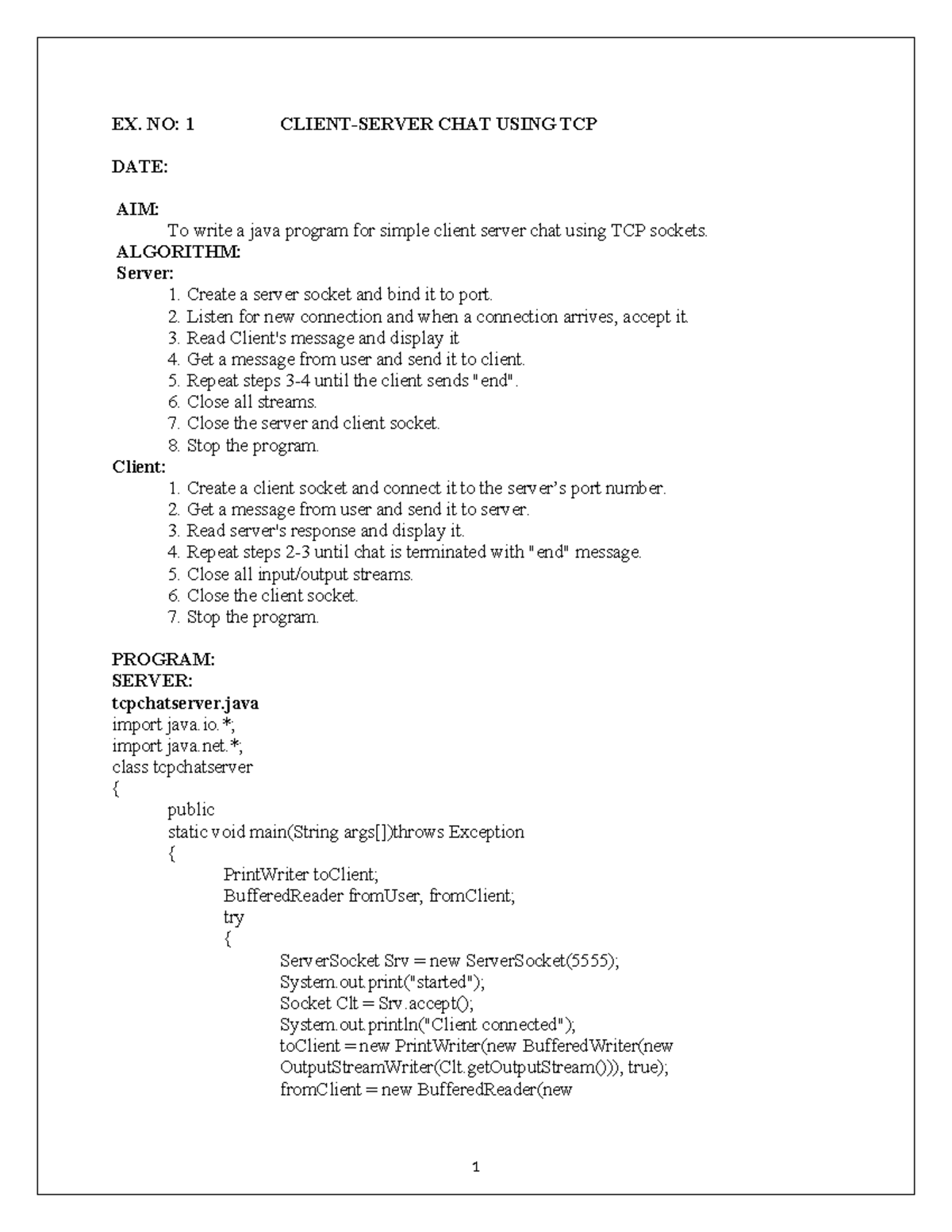 Computer Network LAB Manual print - EX. NO: 1 CLIENT-SERVER CHAT USING ...