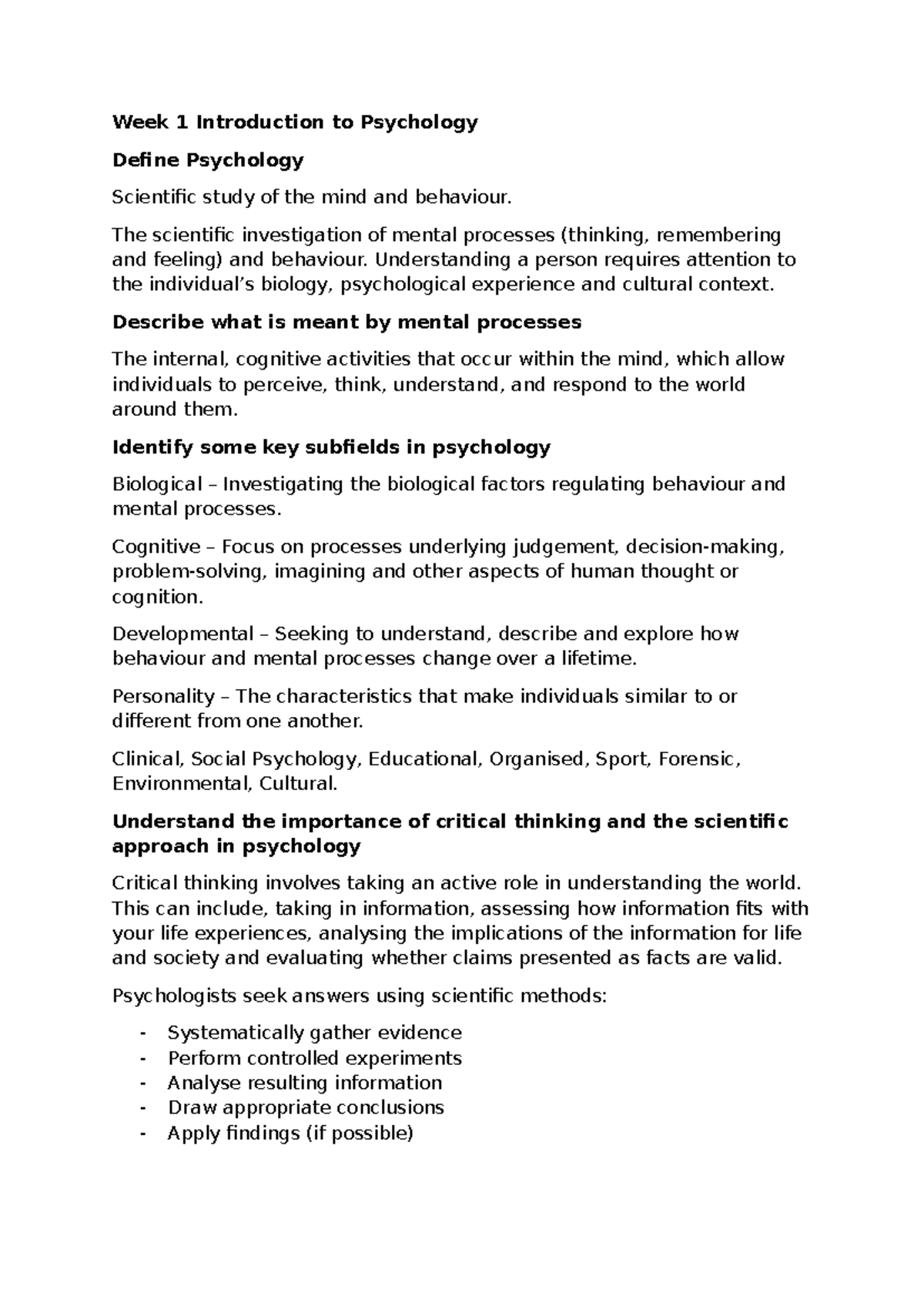 PSY101 Week 1 Lecture Notes: Introduction to Psychology Concepts - Studocu
