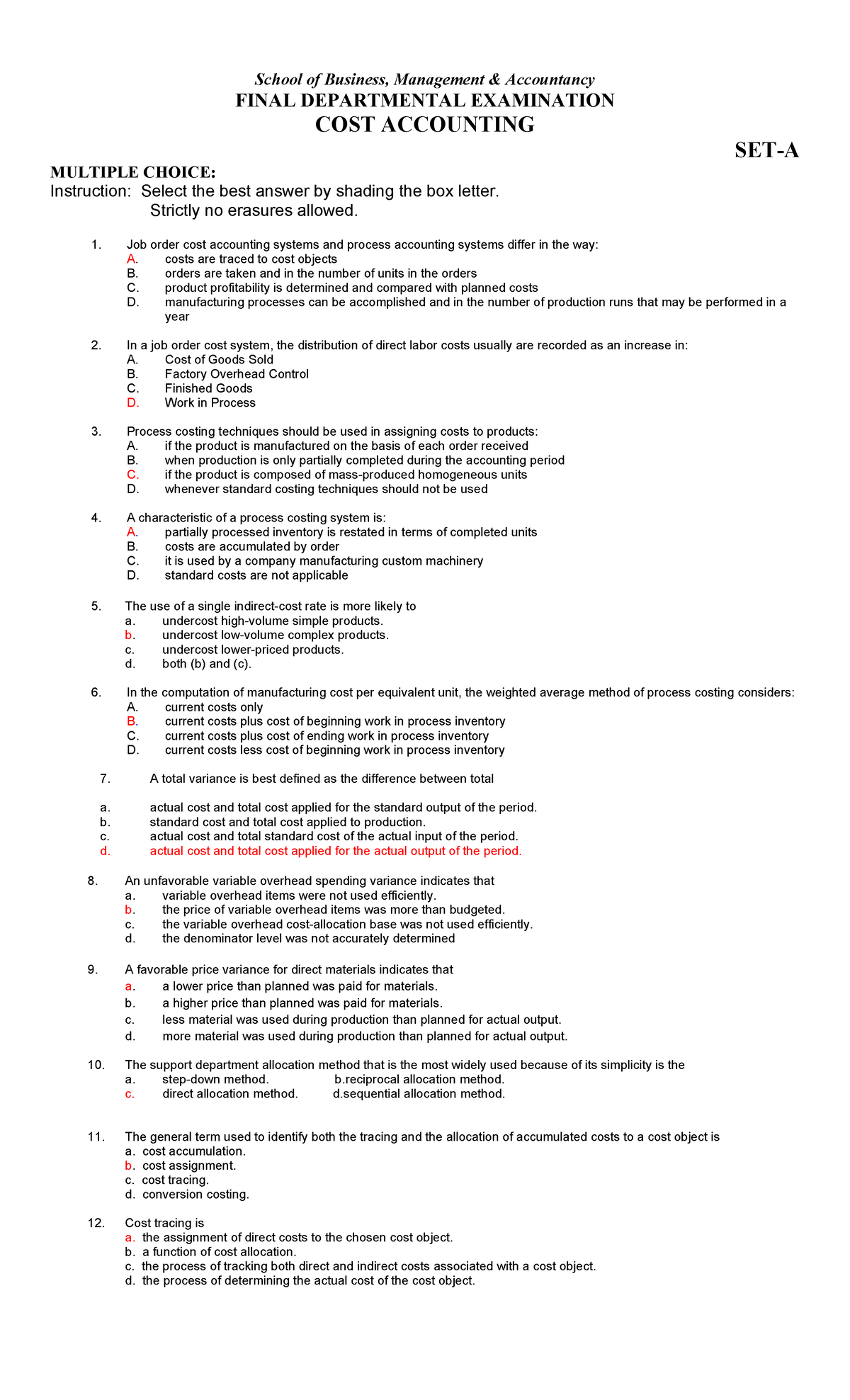 Cost Accounting Final Exam Reviewer - Set A Overview - Studocu