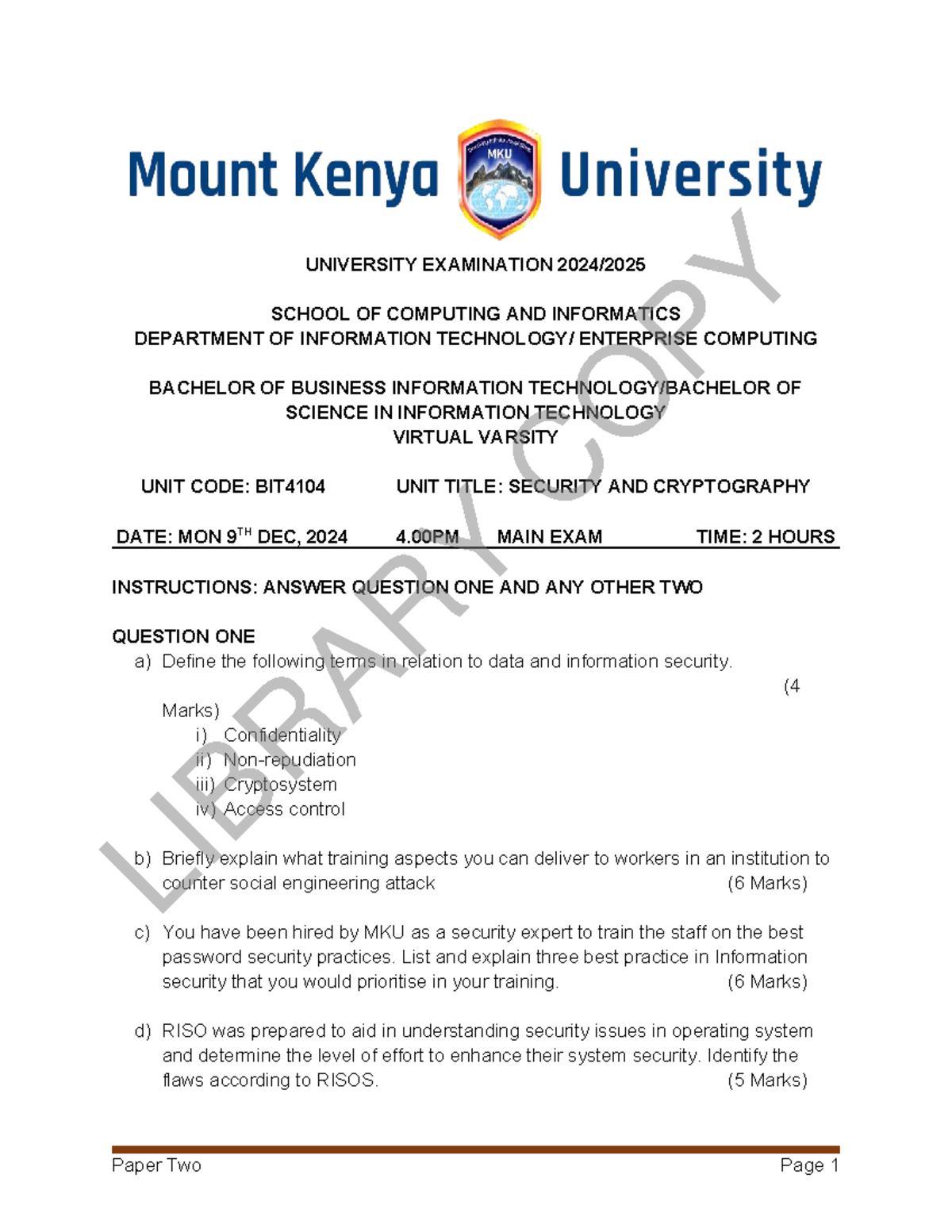 BIT4104 Security and Cryptography Final Exam Notes - Studocu