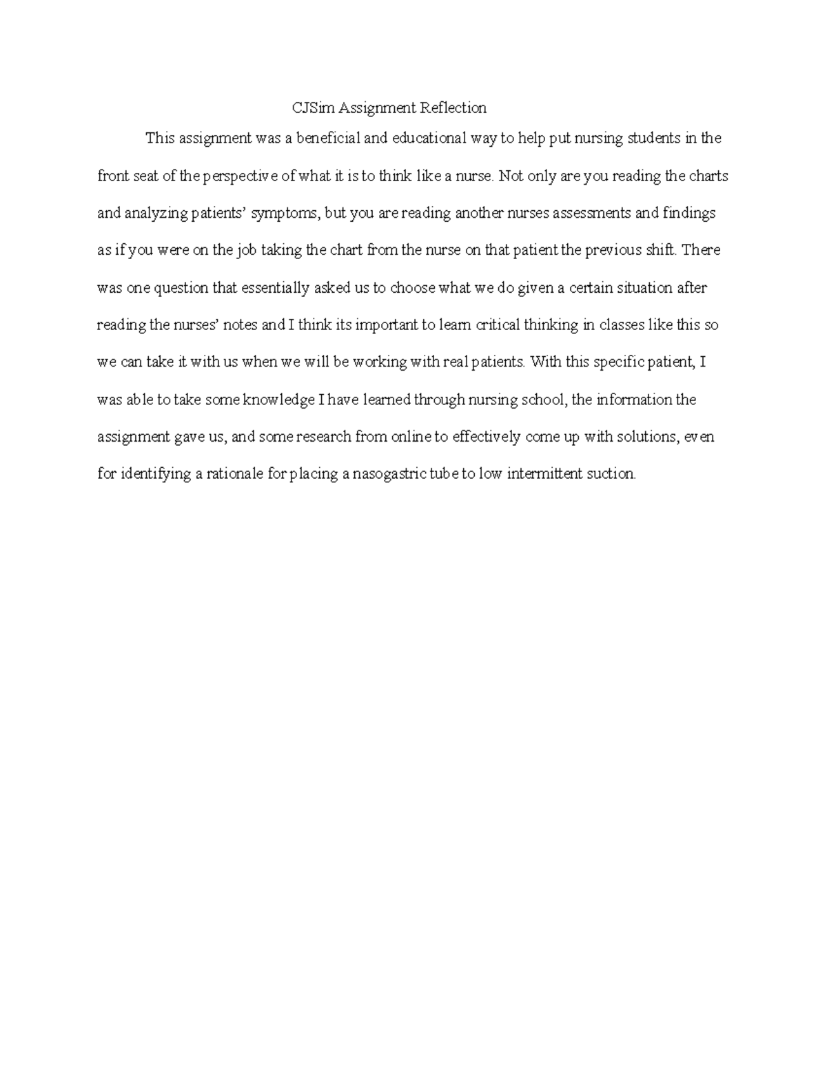 CJSim Assignment Reflection: Enhancing Critical Thinking Skills - Studocu