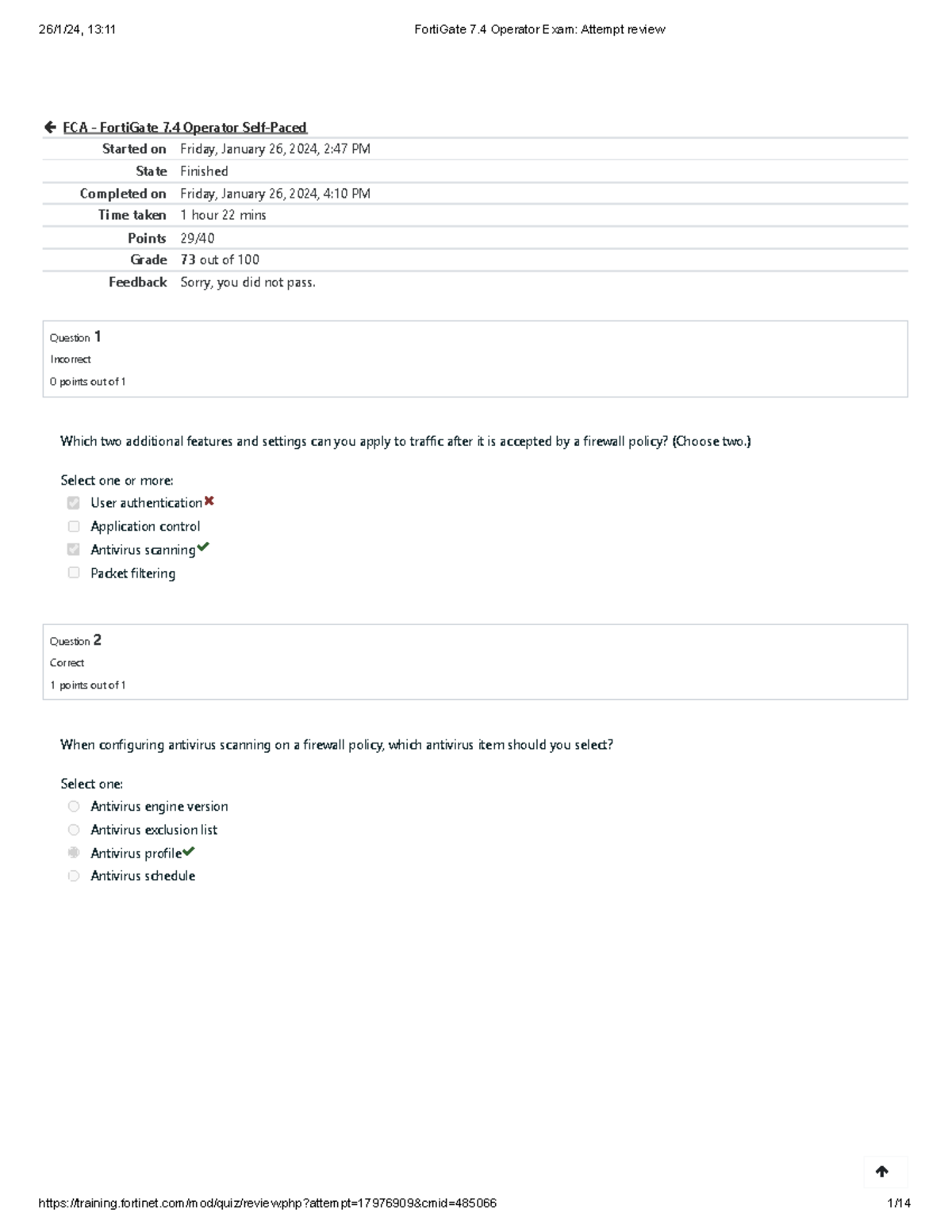 701627425 FortiGate 7.4 Operator Exam Attempt Review Feedback - Studocu