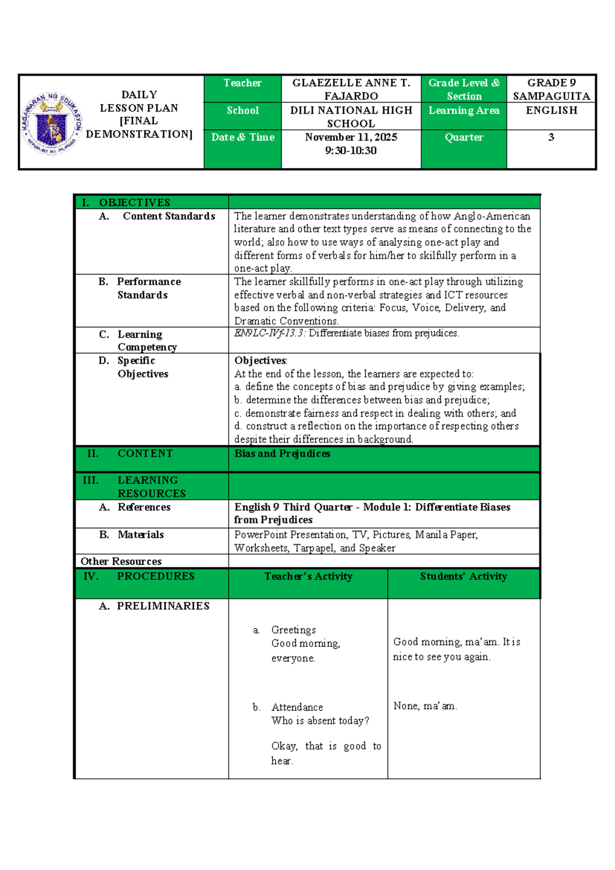 DAILY LESSON PLAN: BIAS AND PREJUDICES - GRADE 9 ENGLISH - Studocu
