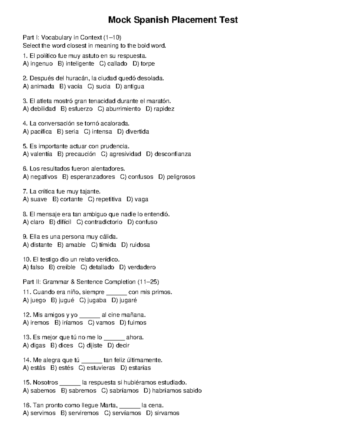 Mock Spanish Placement Test Part I: Vocabulary & Grammar Practice - Studocu