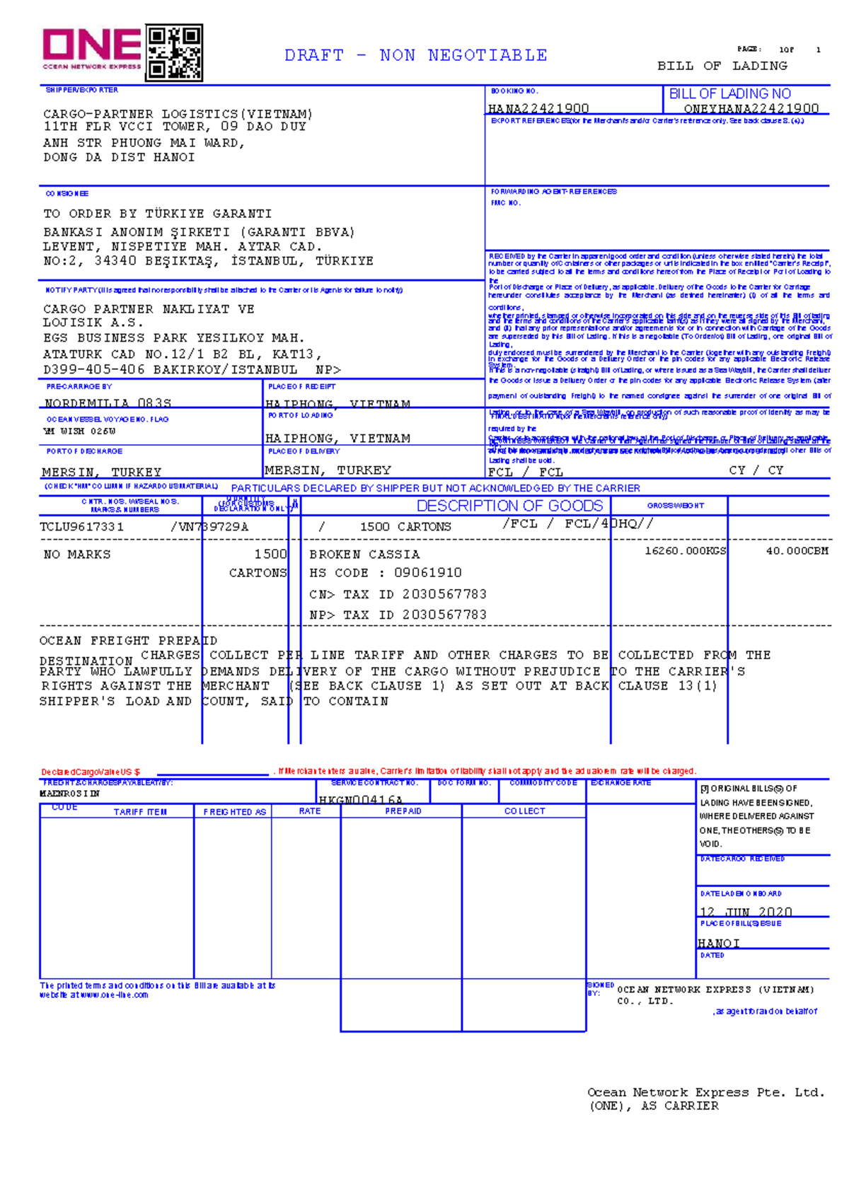MBL HANA22421900: Bill of Lading for Export from Vietnam to Turkey ...
