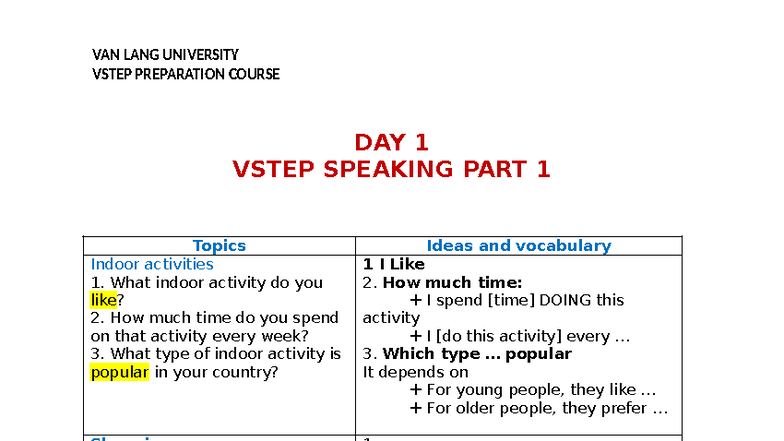 VAN LANG UNIVERSITY VSTEP PREPARATION COURSE DAY 1: SPEAKING PART 1 ...