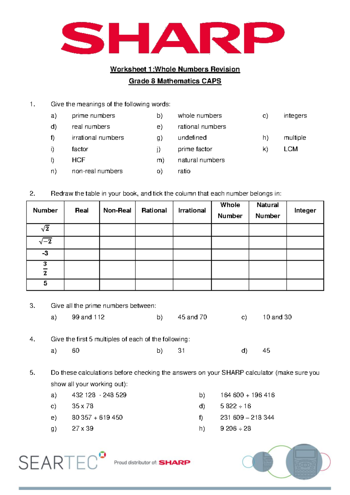 Grade 8 Mathematics Worksheet 1: Whole Numbers Review Exercise - Studocu