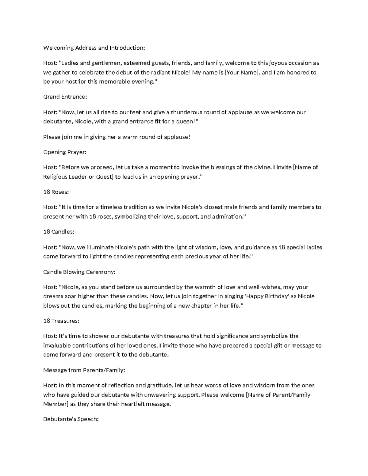 Debut Host Script: Welcoming Address for Nicole's Grand Entrance - Studocu