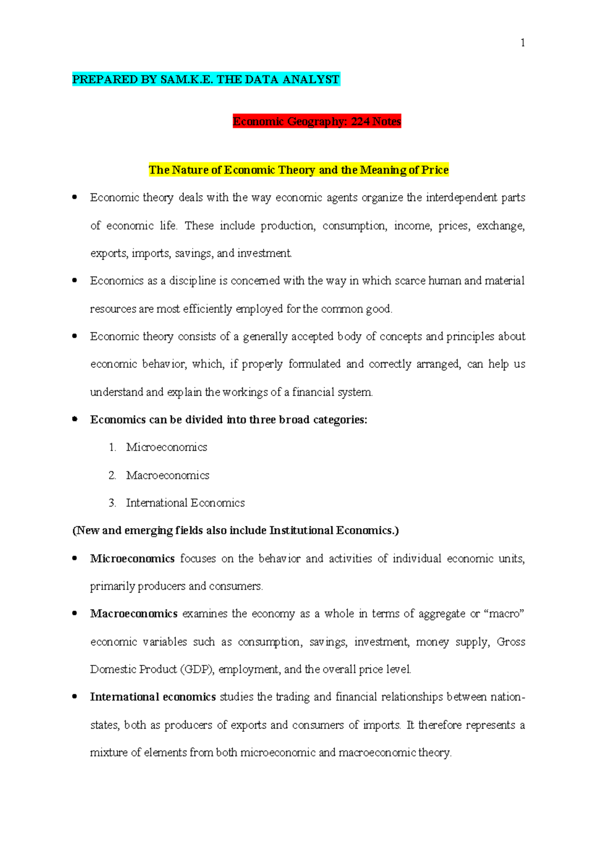 Economic Geography: 224 Final Exam Notes on Economic Theory and Price ...