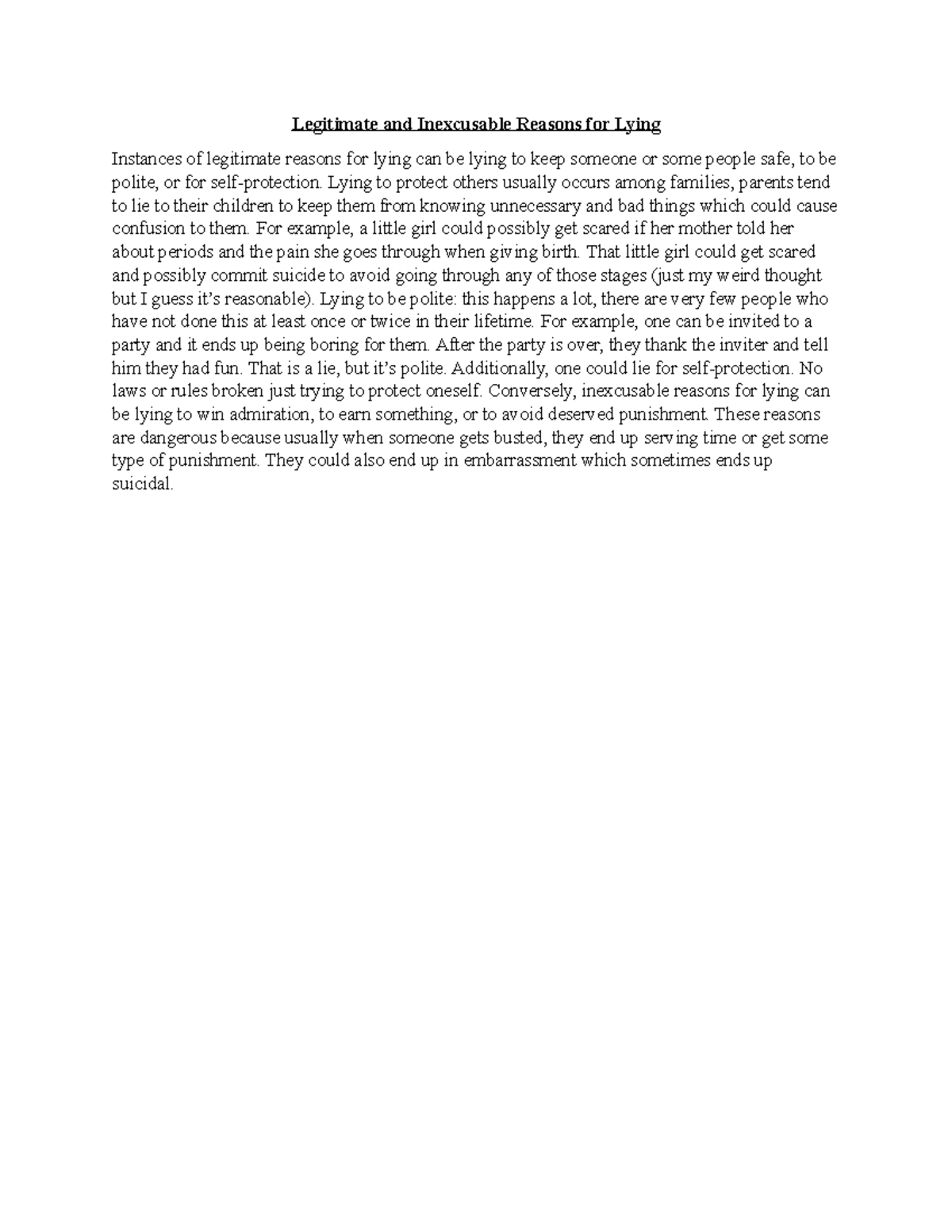 Legitimate and Inexcusable Reasons for Lying CRH - Legitimate and ...