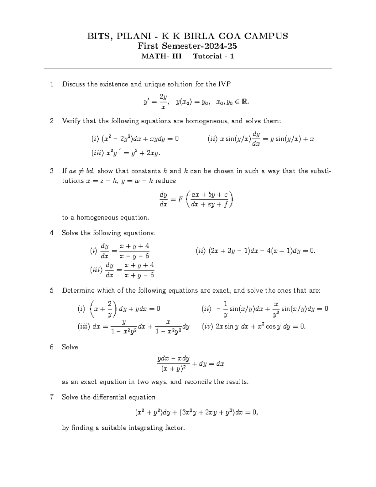 Tutorial 1 - good questions of differentials - BITS, PILANI - K K BIRLA ...