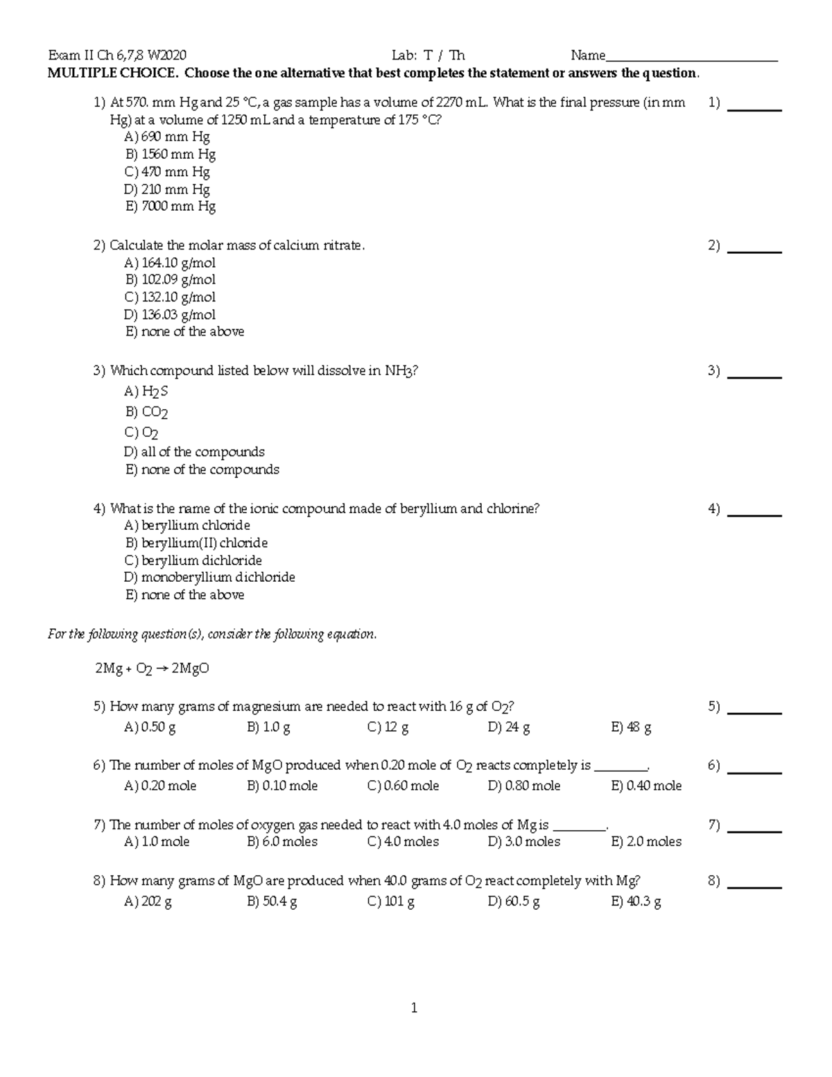 Chem 10 Ch 6, 7 & 8 Final Practice Exam II Key - Fall 2020 - Studocu