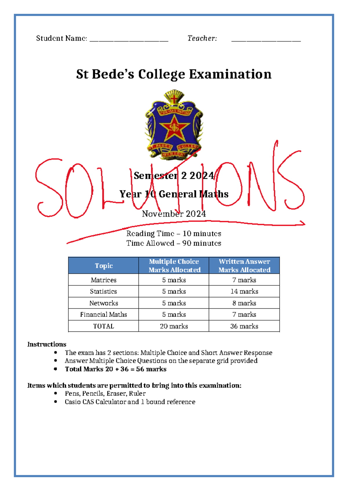 Year 10 General Maths Exam Semester 2 2024: Student Responses - Studocu