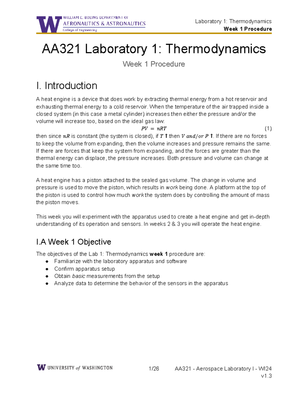 AA321 Lab 1: Thermodynamics Week 1 Procedure and Equipment Setup - Studocu