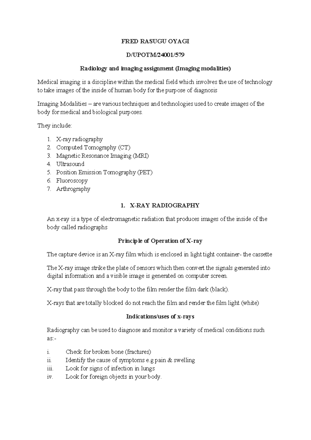 Imaging Modalities in Radiology: D/UPOTM/24001 Assignment - Studocu