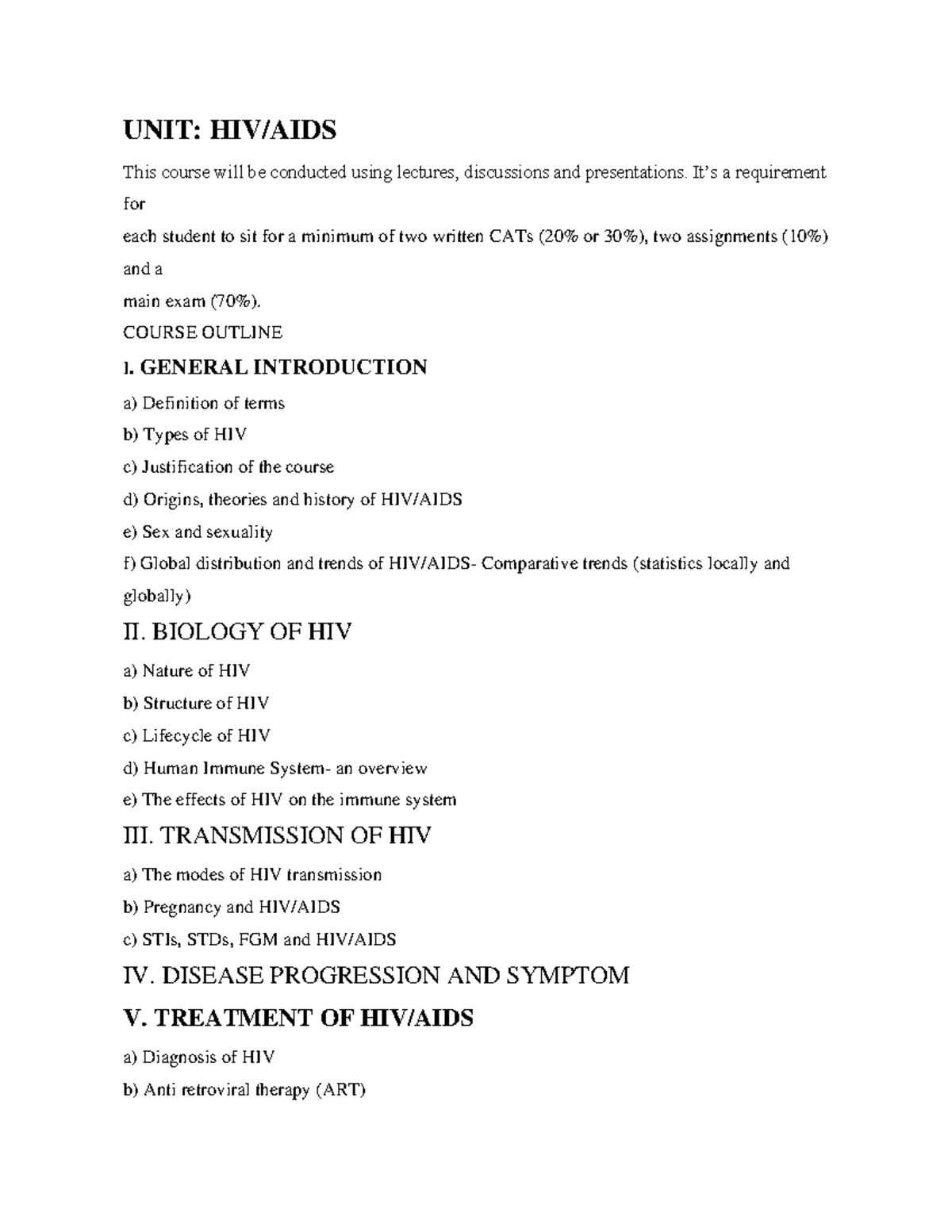 AIDS - UNIT 1: HIV/AIDS LECTURER NOTES & COURSE OUTLINE - Studocu