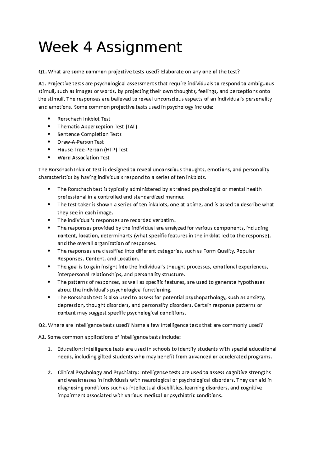 Week 4 Assignment - Exploring Projective Tests & ADHD Strategies - Studocu