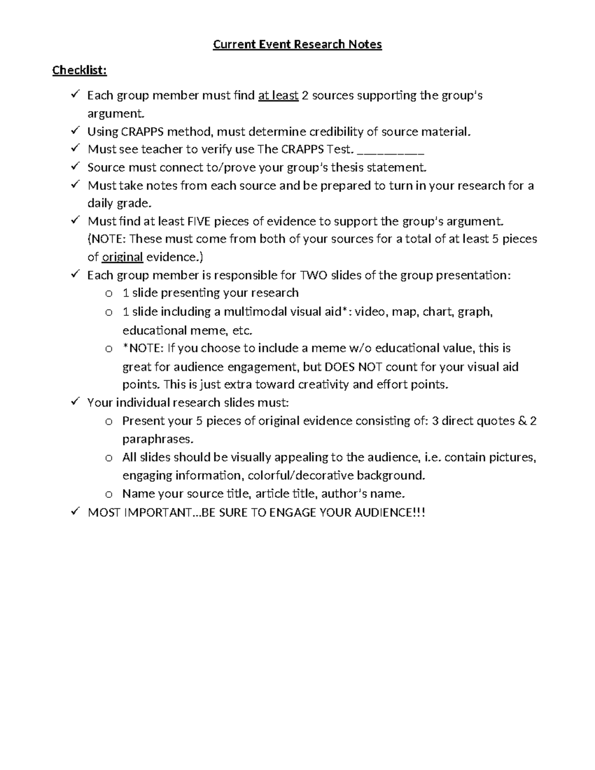 Current Event Research Notes Checklist: CRAPPS Method & Presentation ...