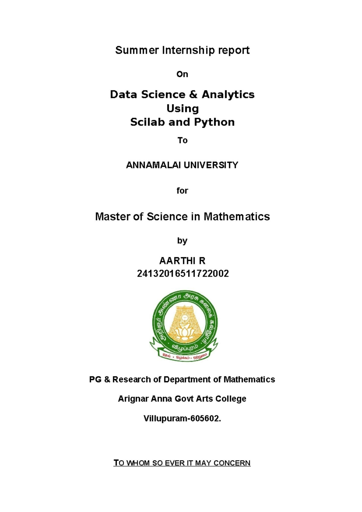 Summer Internship Report on Data Science Analytics Using Scilab and ...