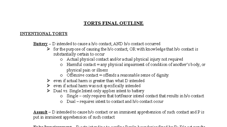 TORTS 101 FINAL OUTLINE: INTENTIONAL TORTS & NEGLIGENCE PRINCIPLES ...