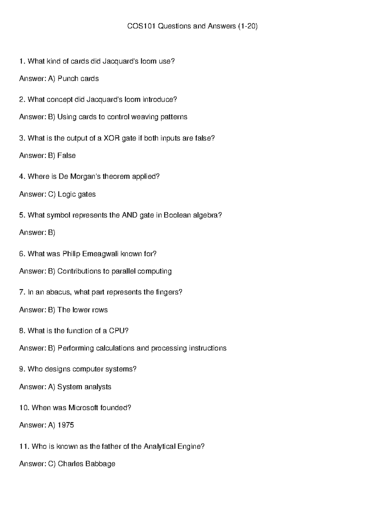 COS101 Quiz 1: Key Questions and Answers on Computing Concepts - Studocu