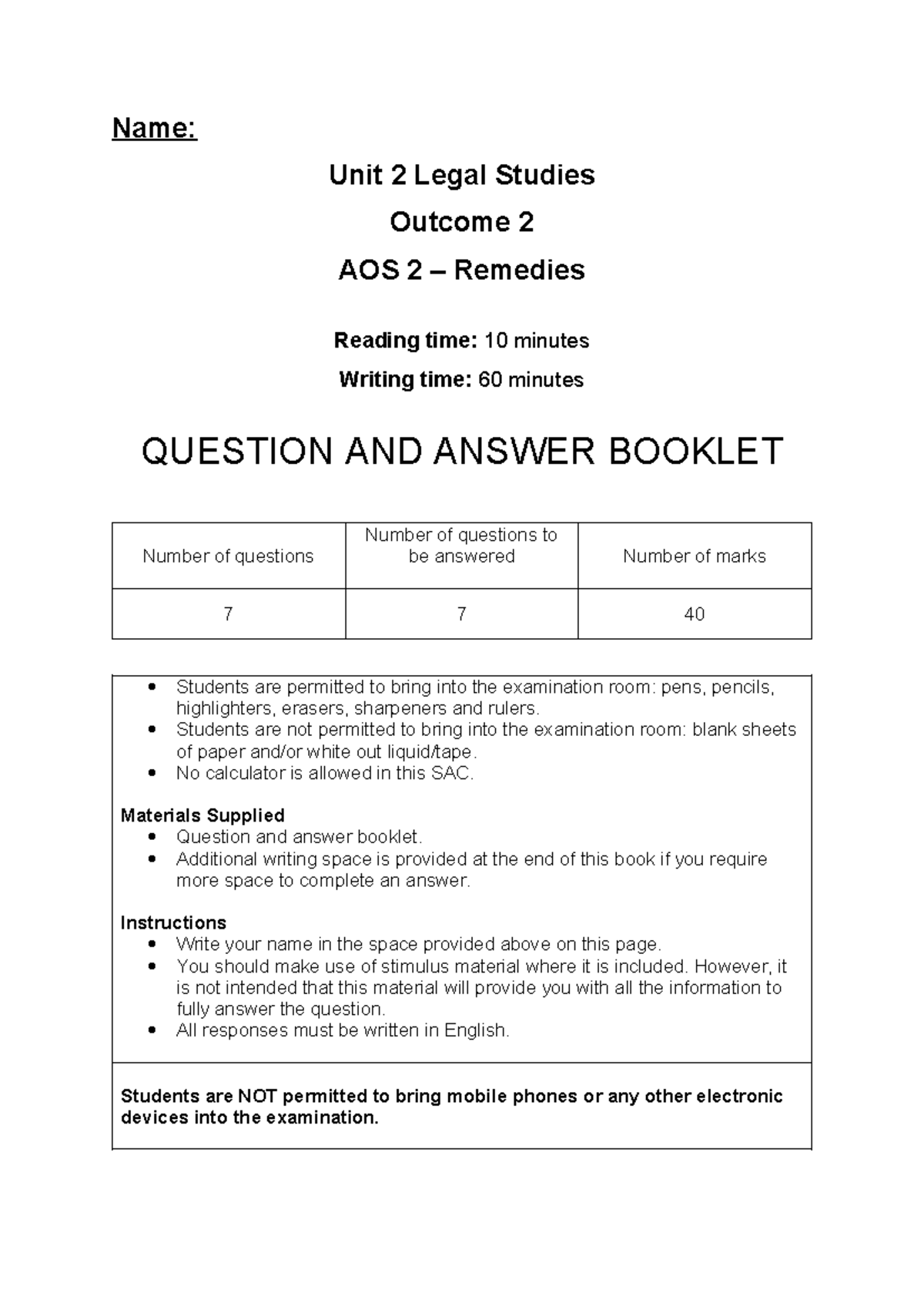 U2 Legal Studies AOS 2 Remedies Assessment Task Guide - Studocu