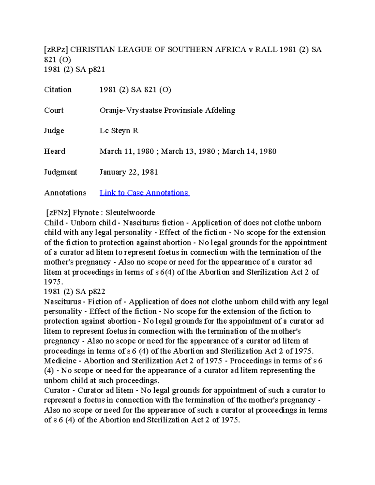 Christian League of Southern Africa v Rall: Legal Implications of ...