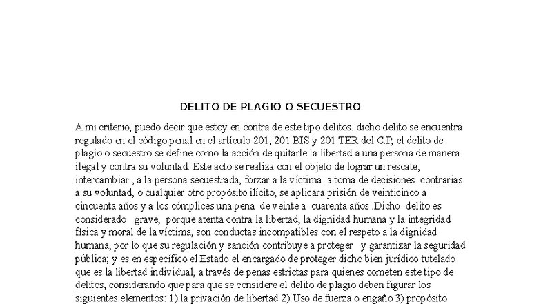 Comentario sobre el Delito de Plagio en Derecho Penal - Studocu