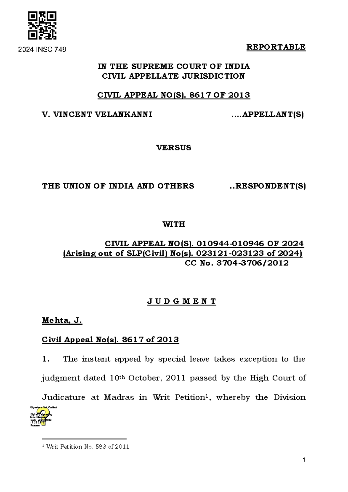 Civil Appeal No. 8617 of 2013: Judgment Analysis in INSC 748 - Studocu