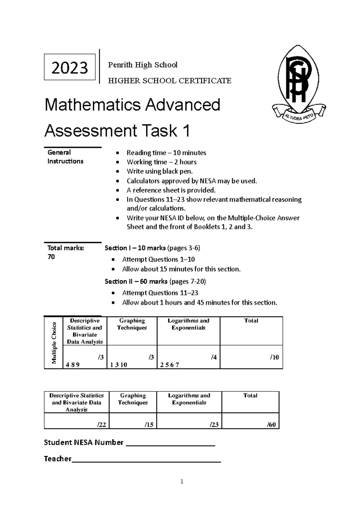Mathematics Advanced, Extension 1 and Extension 2 Reference Sheet - 1 ...