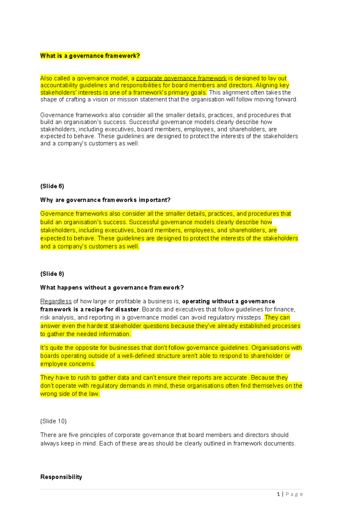 Governance Frameworks: Key Principles and Models - Lecture Notes - Studocu