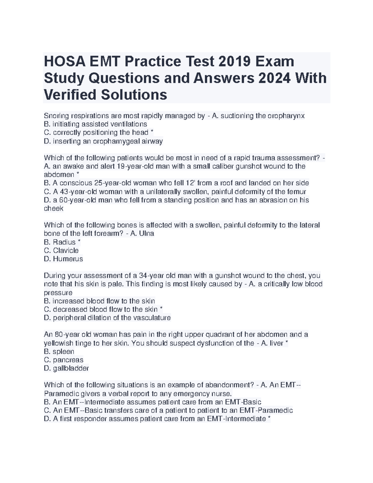 HOSA EMT Practice Test 2019 Exam Study Questions & Verified Answers ...