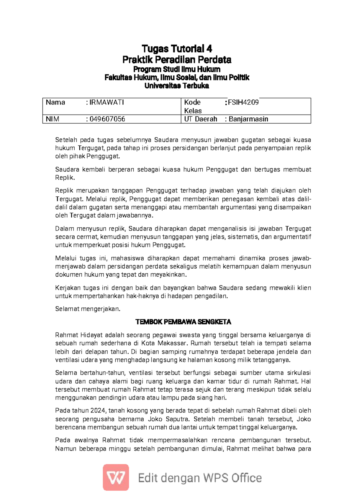 Tugas 4 Replik Penggugat dalam Praktik Peradilan Perdata [FSIH4209 ...