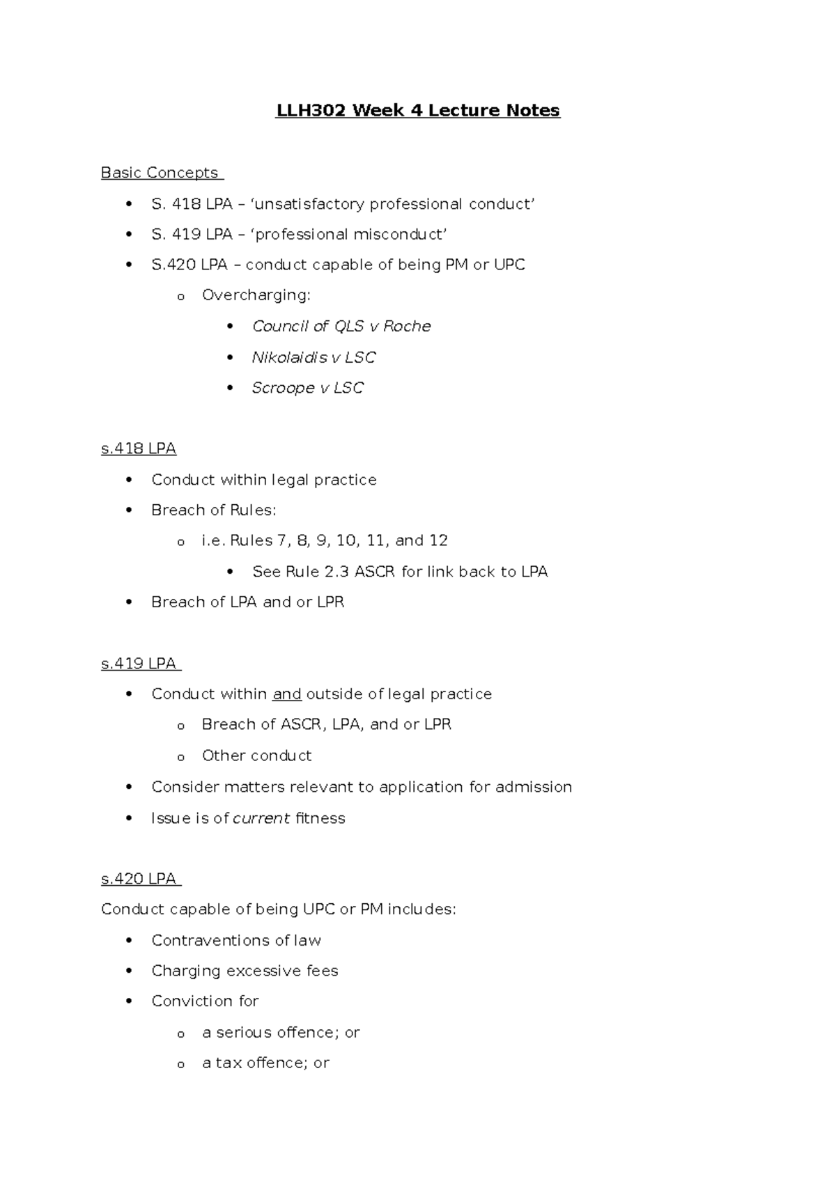 LLH302 Week 4 Lecture Notes on Legal Practice Conduct and Breaches ...