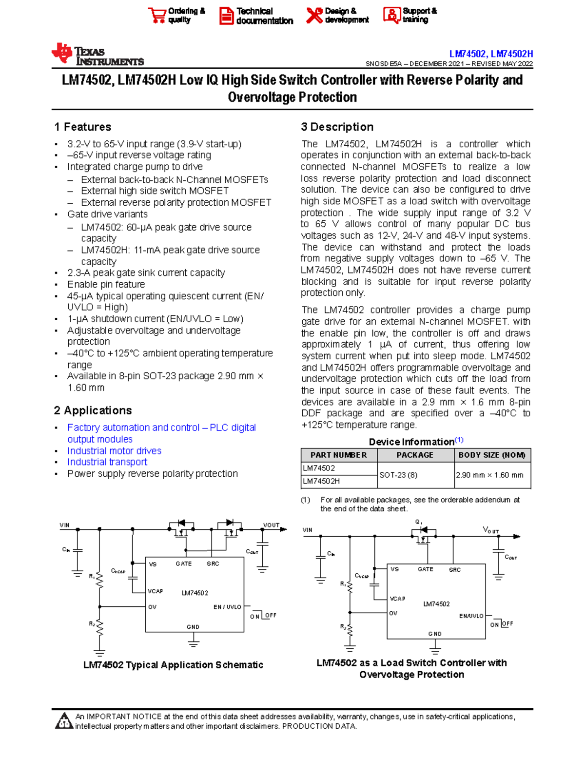 LM74502, LM74502H Low IQ High Side Switch Controller Overview and ...