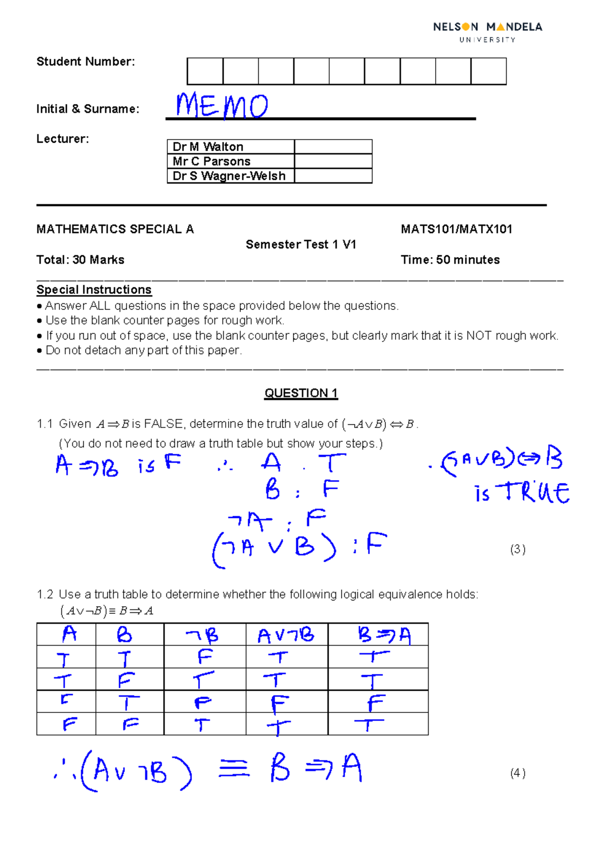 Mathematics Special Test 1 MEMO - Student Number: Initial & Surname ...