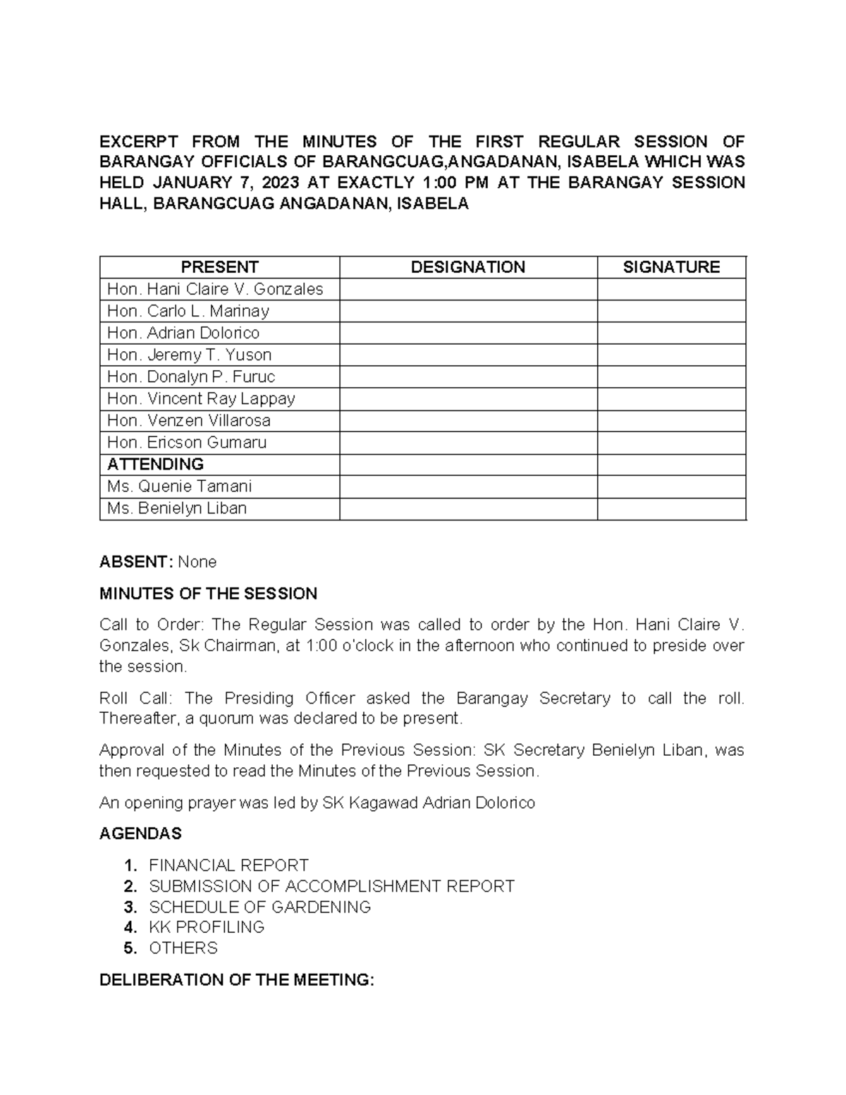 Minutes of Barangay Meeting (Jan 7, 2024) - Regular Session - Studocu