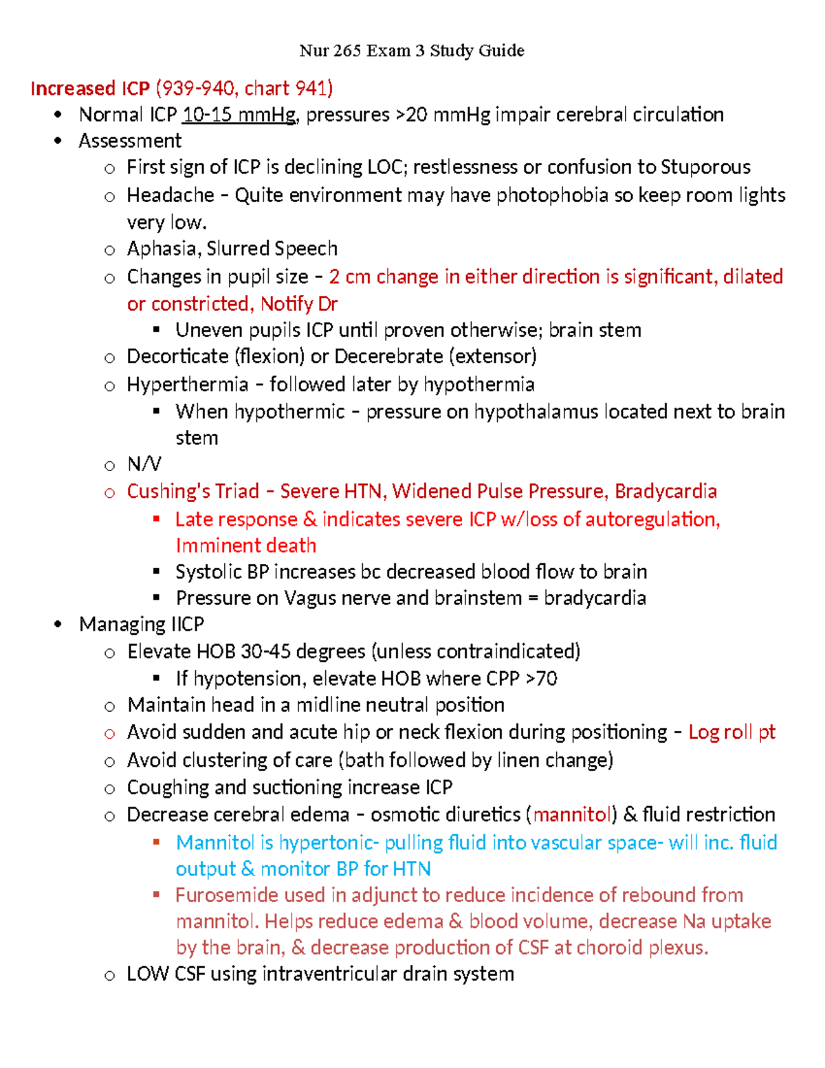 Nur 265 Exam 3 Study Guide: Increased ICP Management and Assessment ...