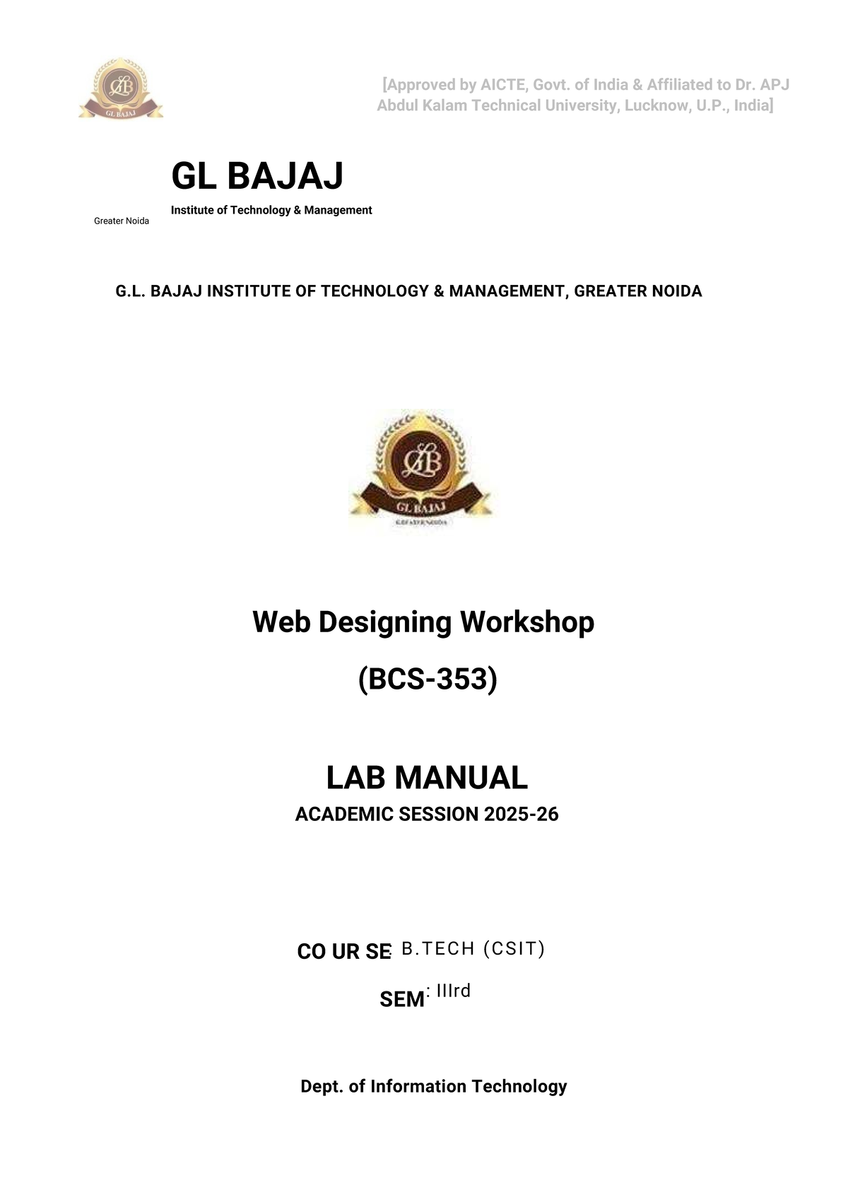 Web Designing Workshop Lab Manual for B.Tech (CSIT) - G.L. Bajaj - Studocu