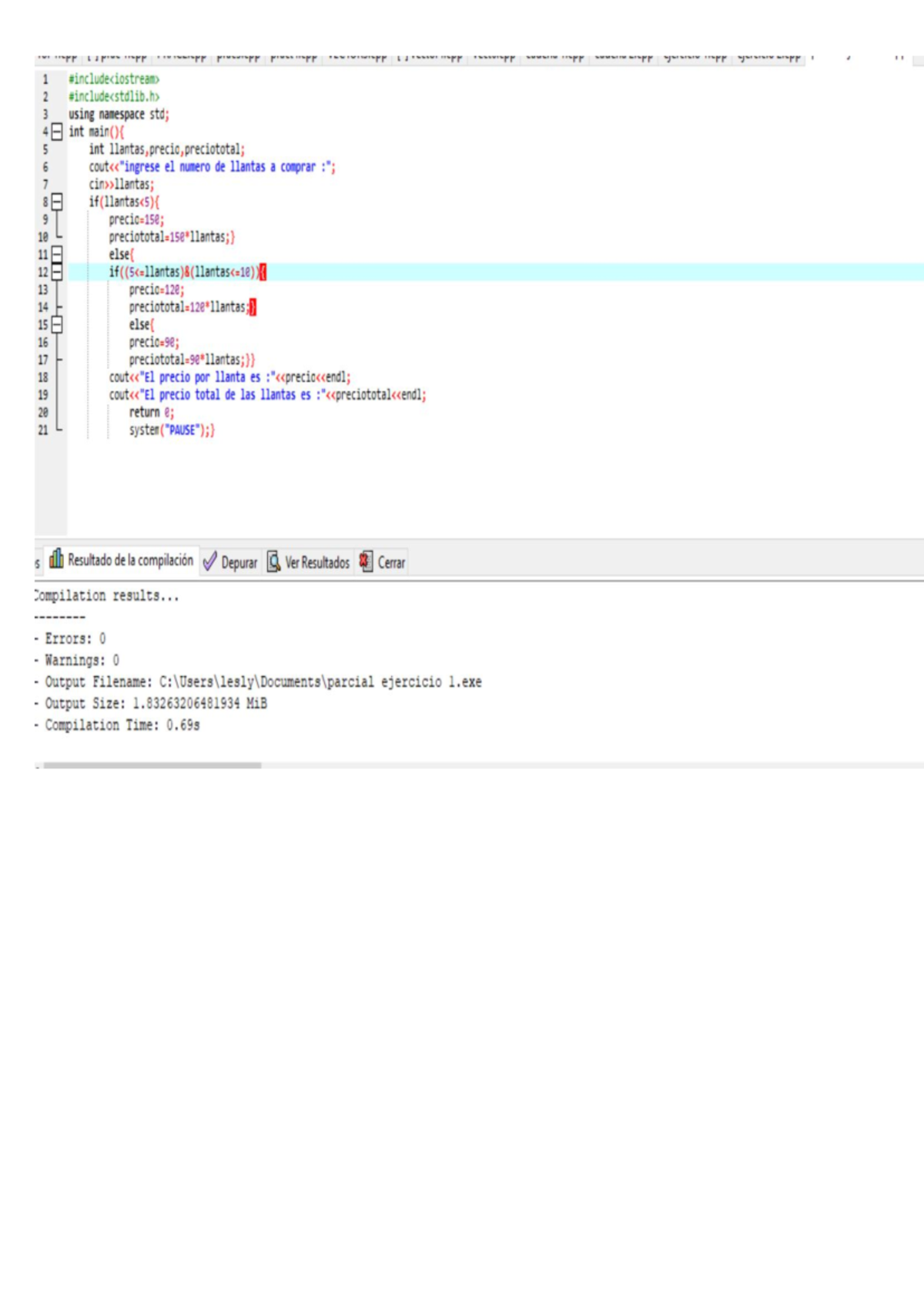 Parcial - Ejercicio 1 Código C++ para Cálculo de Precios de Llantas ...