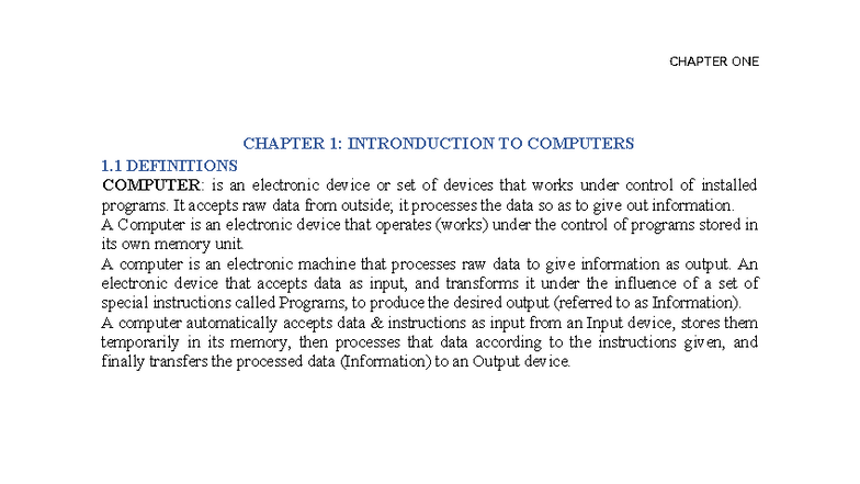 COMP 101: Chapter 1 - Introduction to Computers and Their Functions ...
