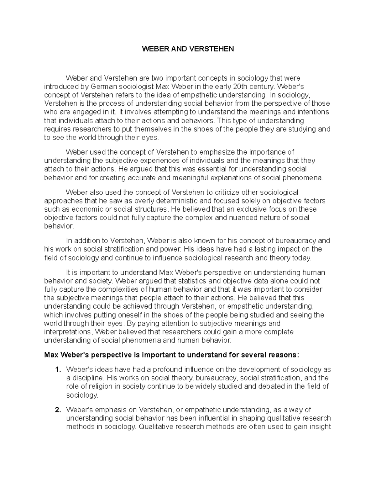 Max Weber's Concept of Verstehen in Sociology: An Analysis - Studocu