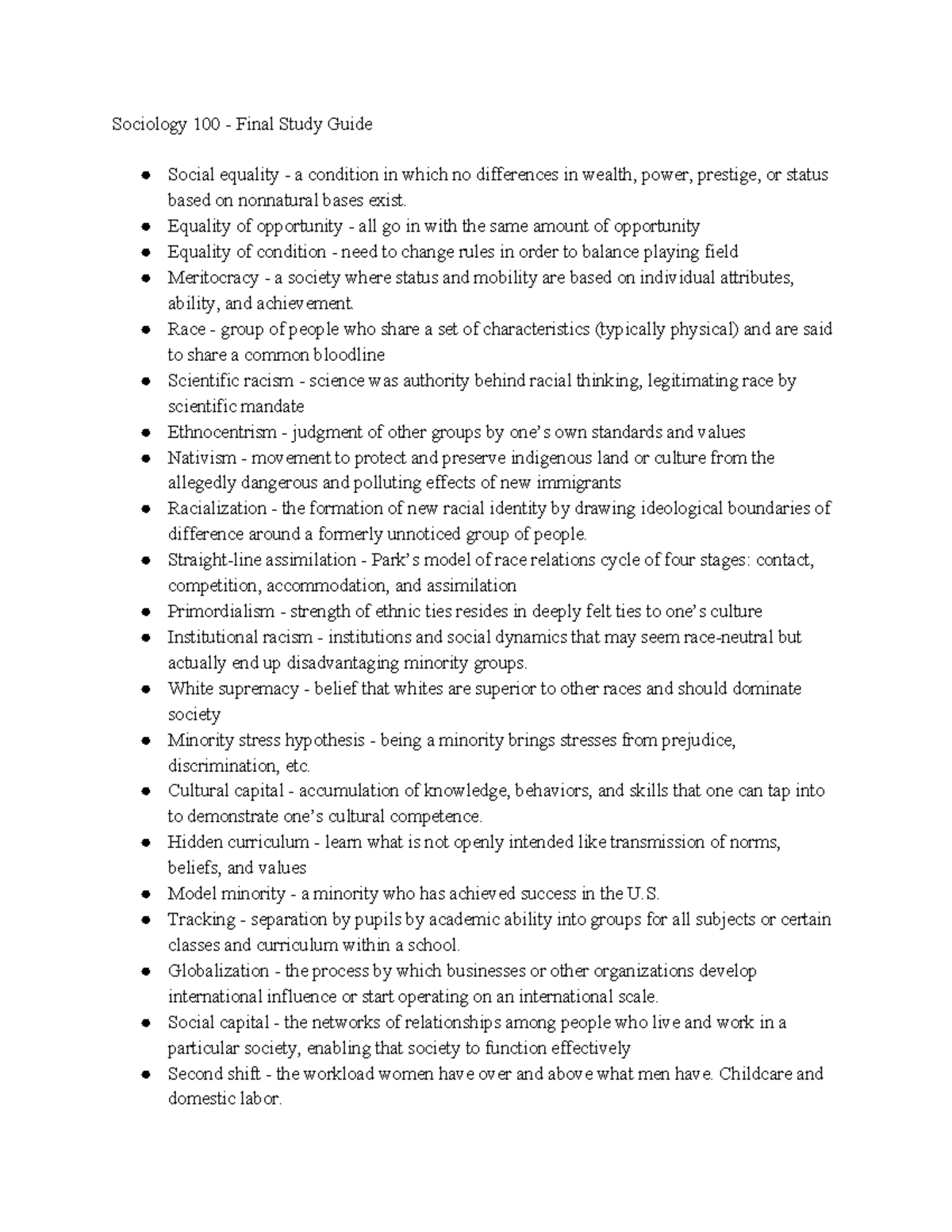 Sociology 100 Final Exam Study Guide: Key Concepts and Theories - Studocu